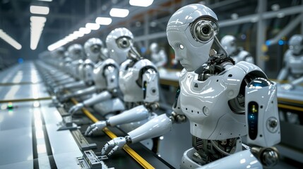 Fototapeta premium Robots collaborating in a futuristic factory, advanced robotics technology enhancing productivity and safety.