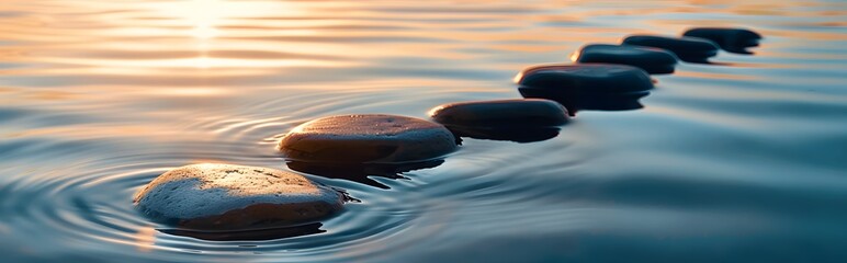 Sunrise Stones Stepping Path Water Ripples