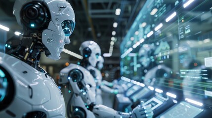 Fototapeta premium Robots collaborating in a futuristic factory, advanced robotics technology enhancing productivity and safety.