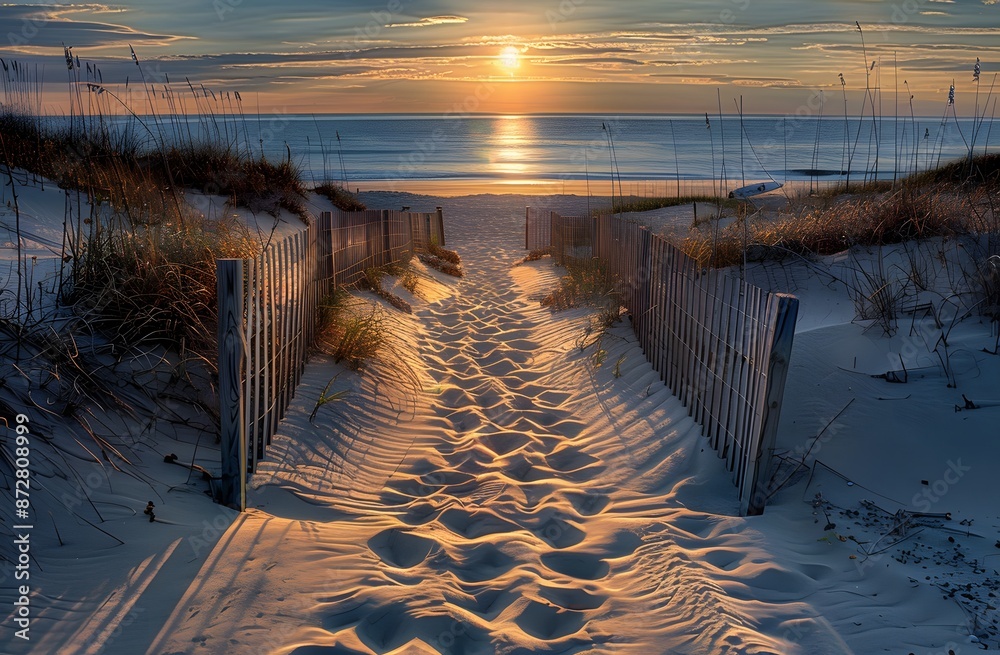 Canvas Prints Sunrise Beach Path with Wooden Fences