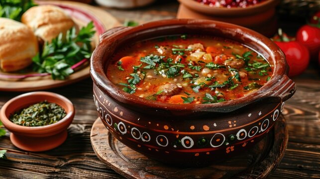 Traditional Russian soup served in clay pot with accompaniments