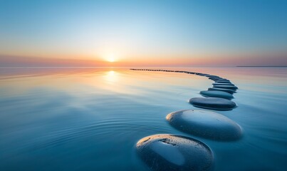 Serene Stones Path at Sunset, Peace and Tranquility