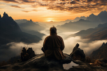 Created with generative AI image rear view of person finding inner peace meditating in mountains early morning