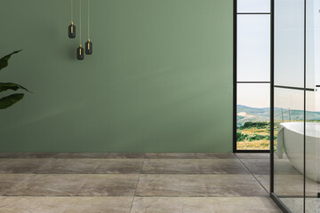 Modern luxury bathroom interior with bathtub, interior plants, bathroom accessories, concrete,...