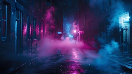 A dark street, bathed in neon pink and blue lights, with night smog swirling around. Minimalistic, ultra HD quality.