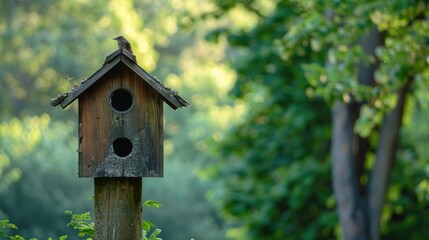 Birdhouse made of aged wood on high pole with trees and greenery in background vertical orientation