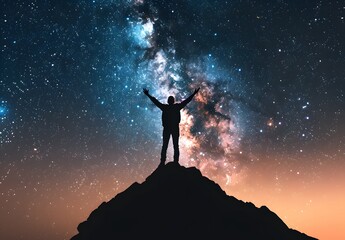 Fototapeta premium Silhouette of a Man Celebrating Under Milky Way