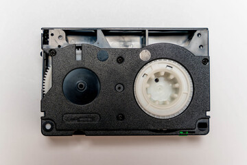 Vintage VHS film cassette on a white background. home video studio. 90th. retro