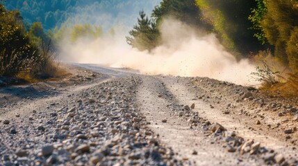 Extreme weather effect in offroad rally with dust and sand in the air on gravel road