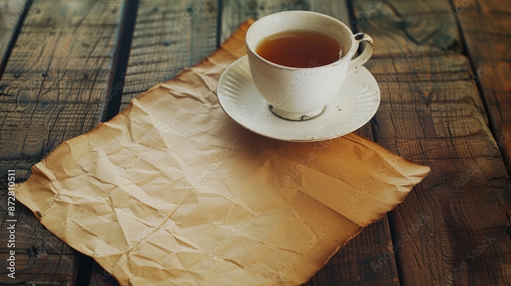 Poster Vintage paper and coffee on wooden table with room for text