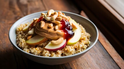 Apple peanut butter quinoa bowl with jam and cashew for breakfast