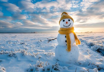 Obraz premium Smiling Snowman in Snowy Field at Dawn