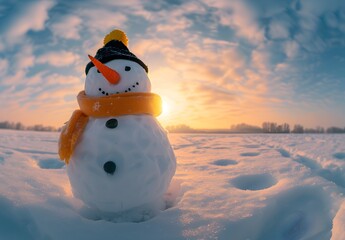 Fototapeta premium Smiling Snowman in Winter Sunset Field