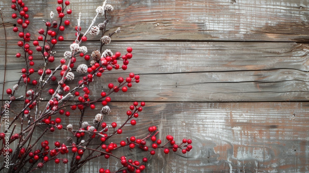 Poster Christmas theme with red and white colors festive twig and berries on rustic wooden backdrop with holiday greeting