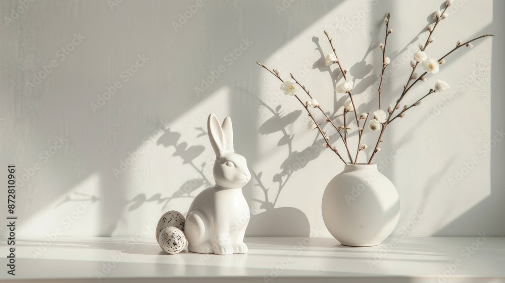 Poster Minimal Easter decoration with white bunny statuette and willow branch on light backdrop