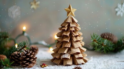 Eco friendly Christmas tree made from craft paper and pine cones with high quality photo