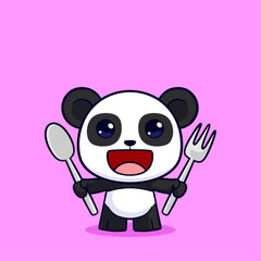 Cute Cartoon Panda holding spoon and fork Illustration