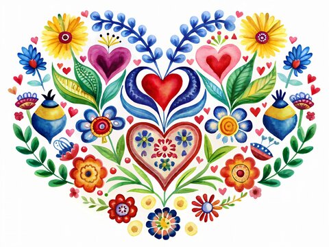 Vibrant traditional Polish folk art design features colorful intertwined hearts, flowers, butterflies, birds, and leaves, creating a whimsical and romantic atmosphere.