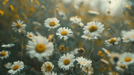 Vintage cinematic spring meadow background with Australian white and yellow everlasting daisies