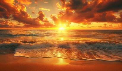 Beautiful sunset over the ocean with sand and waves on the beach, landscape photography, scenic