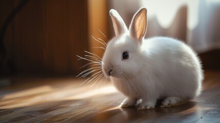Fototapeta premium White bunny with black nose on brown floor close up Easter symbol with copy space as banner