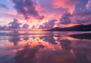 Fototapeta premium Stunning Phuket Beach Sunset with Pink Clouds