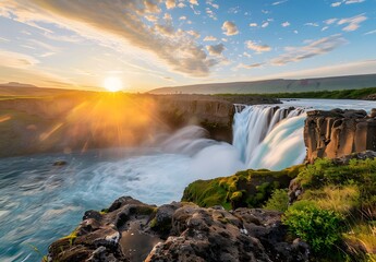 Icelandic Waterfall Sunset at Goðafoss
