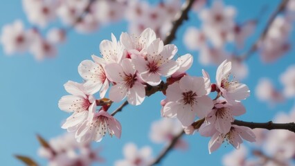 Obraz premium A unique perspective of spring cherry blossoms taken from beneath the branches, with petals falling like snow against a clear blue sky.