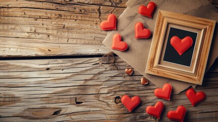 Valentine s Day Card with Heart Design on Wooden Background and Photo Frame