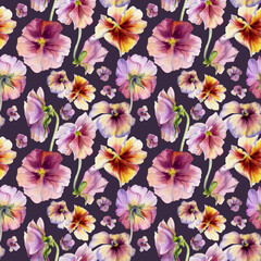 Hand drawn watercolor illustration shabby boho botanical flowers leaves. Colorful pansy viola impatiens panola, Seamless pattern isolated on dark background. Design wedding, love cards, gift paper