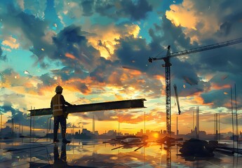 Fototapeta premium Construction Worker Carrying Steel Beam at Sunset