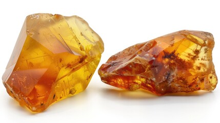 Sunstone Two stunning yellow amber pieces with inclusions on white background ideal for jewelry