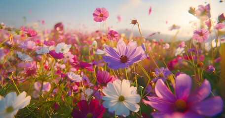 Vibrant Wildflower Meadow Under Golden Sunlight