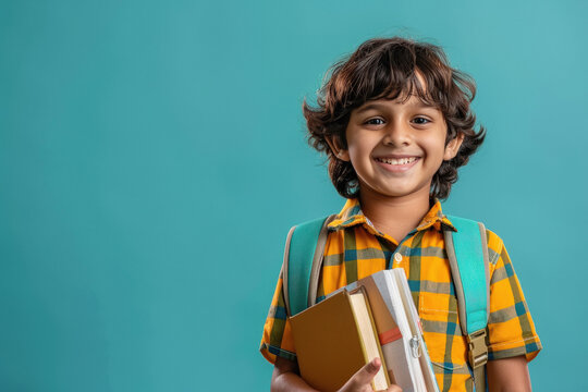little indian schoolboy holding books on blue background