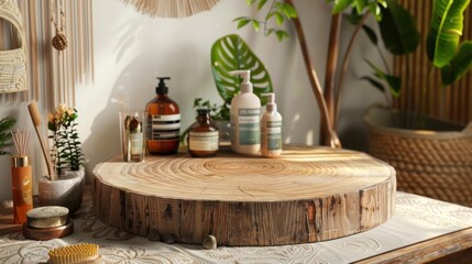 Wooden podium in a bohemian bathroom, surrounded by natural spa products and eclectic decor for a relaxed vibe.