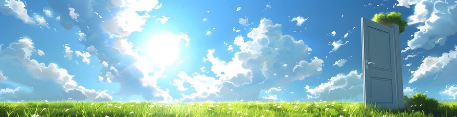 Open Door to Sunny Sky and Green Grass