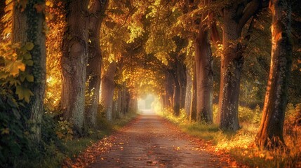 Old picture of tree lined path in evening