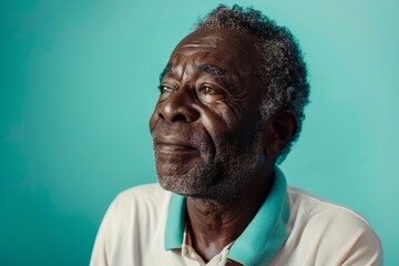 Obraz premium Portrait of a tender afro-american man in his 70s wearing a breathable golf polo in pastel teal background