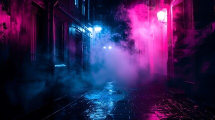 Naklejka premium A dark street, bathed in neon pink and blue lights, with night smog swirling around. Minimalistic, ultra HD quality.