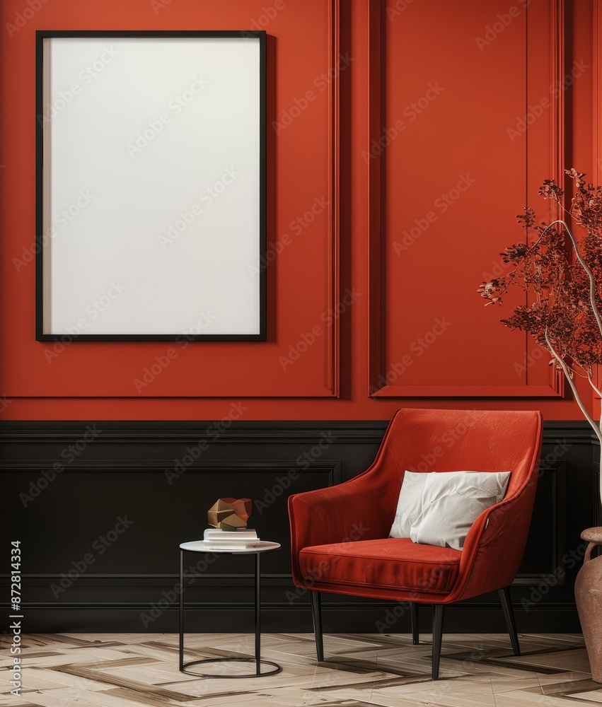 Wall mural rattan wooden chair with poster frame mockup on red modern interior background, 3d model