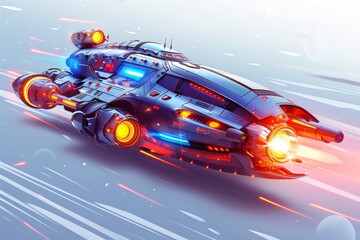 Futuristic flying car with neon lights and high-speed motion in a sci-fi cityscape.