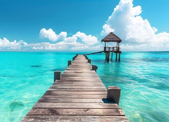 Fototapeta premium Wooden Pier Leading to Tropical Island Hut