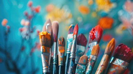 Fototapeta premium Different paintbrushes on blurred artwork