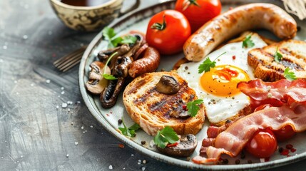 Plate of English breakfast with sunny side up egg sausages bacon toasts grilled mushrooms tomatoes and coffee on rustic background
