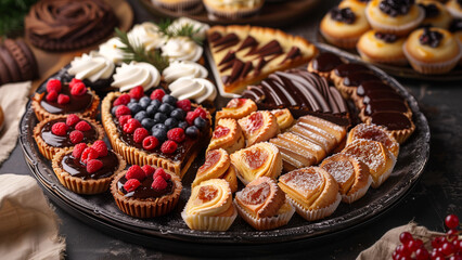 Platter variety of desserts, chocolate tarts topped with berries and assorted pastries