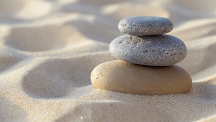 Polished pebbles arranged in a stack on golden sand, embodying sense of balance and natural beauty