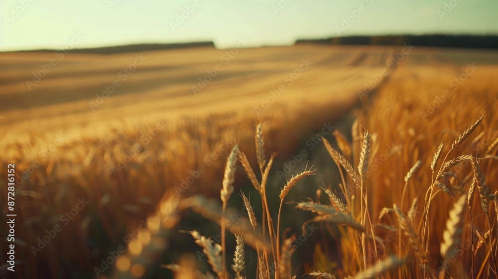 Wall mural Rustic countryside field with wheat spikelets harvest in a close up summer view Agriculture and rural landscape concept