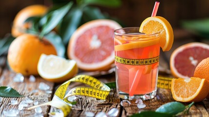 Citrus fruit weight loss beverage with measuring tape in glass with straw