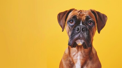 Obraz premium Boxer dog posing on yellow background