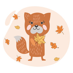 Cute cartoon fox and autumn leaves. Doodle style illustration, kids print, vector